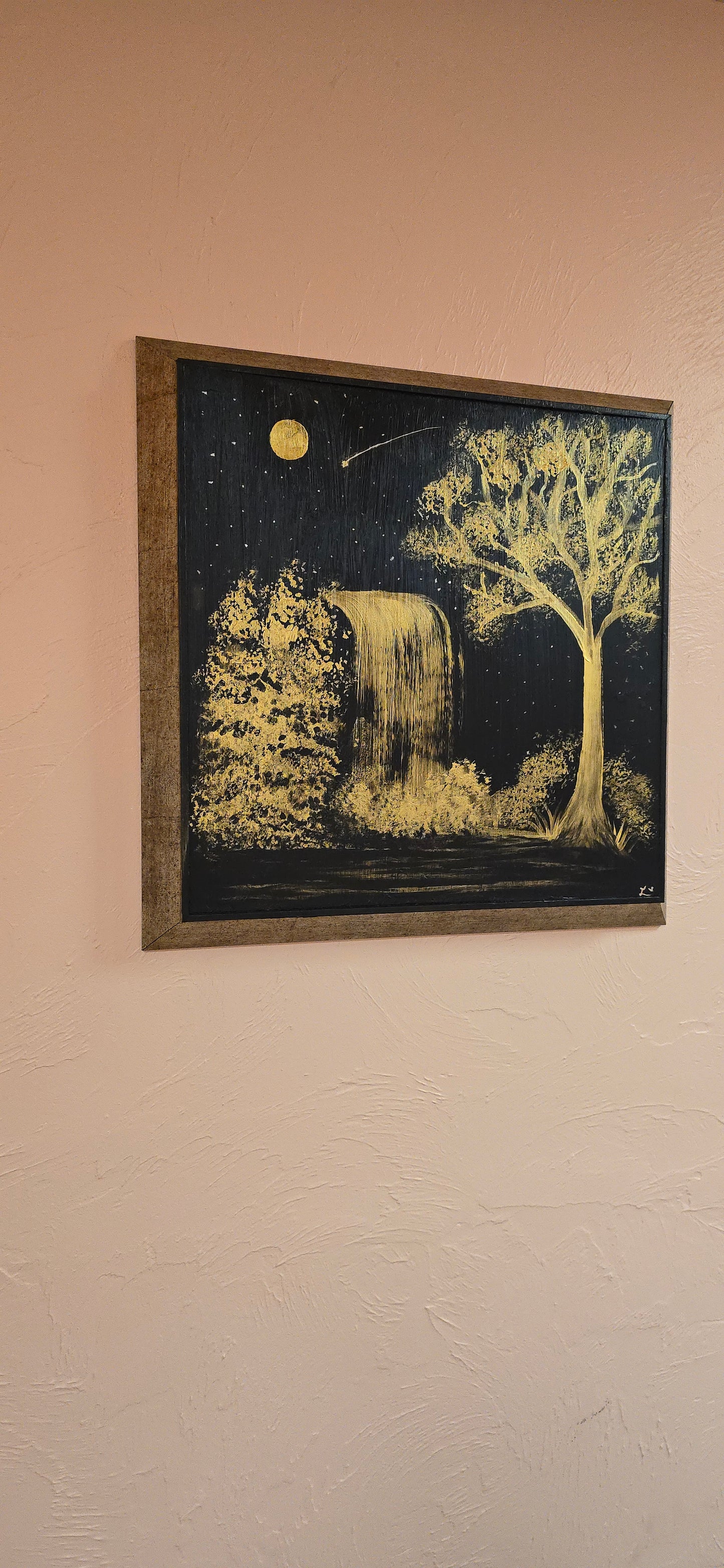 22x22 Black and Gold Original Acrylic Painting Golden Waterfall