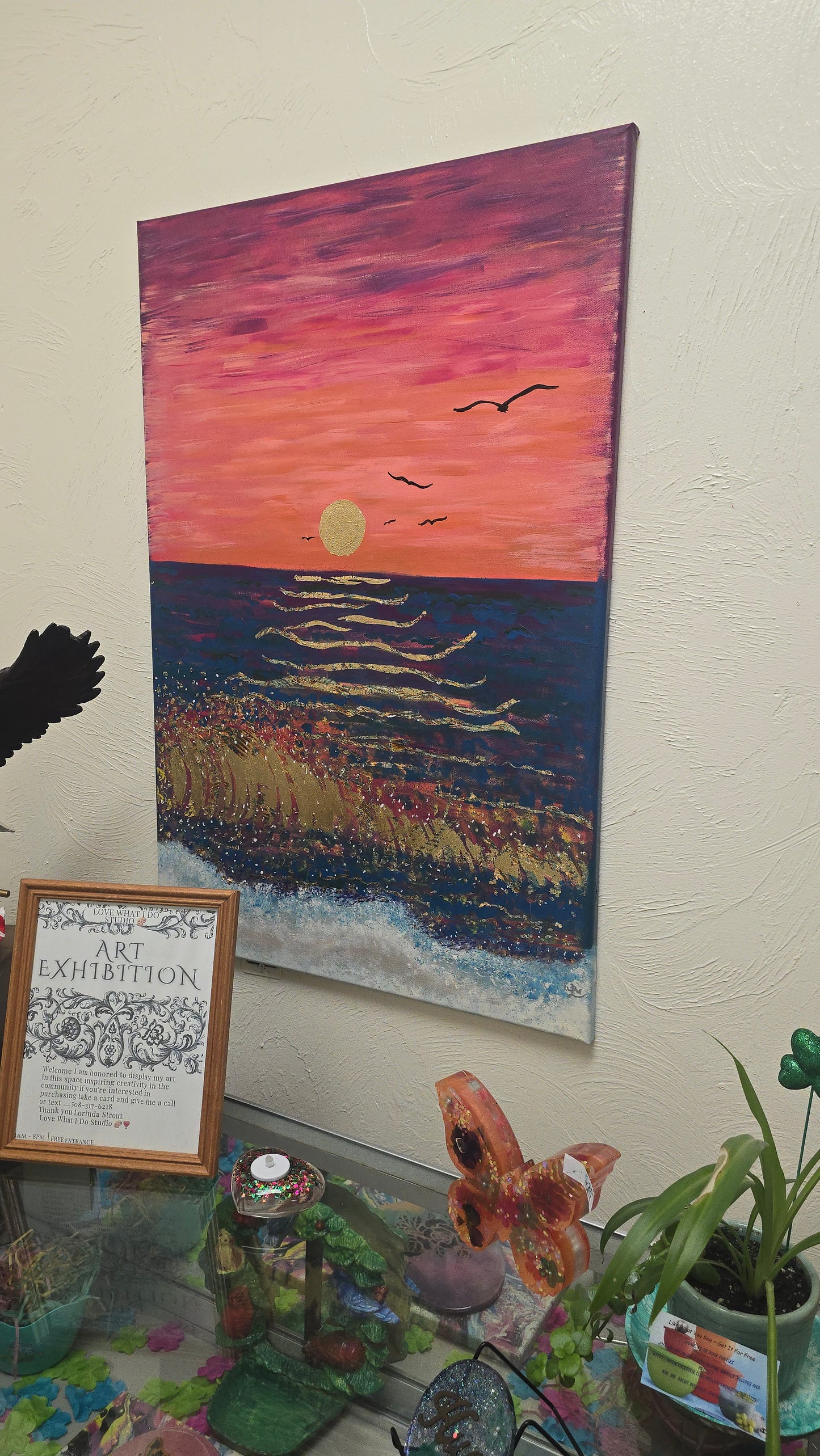 24x36 Acrylic Sunset Beach Gold Leaf Painting