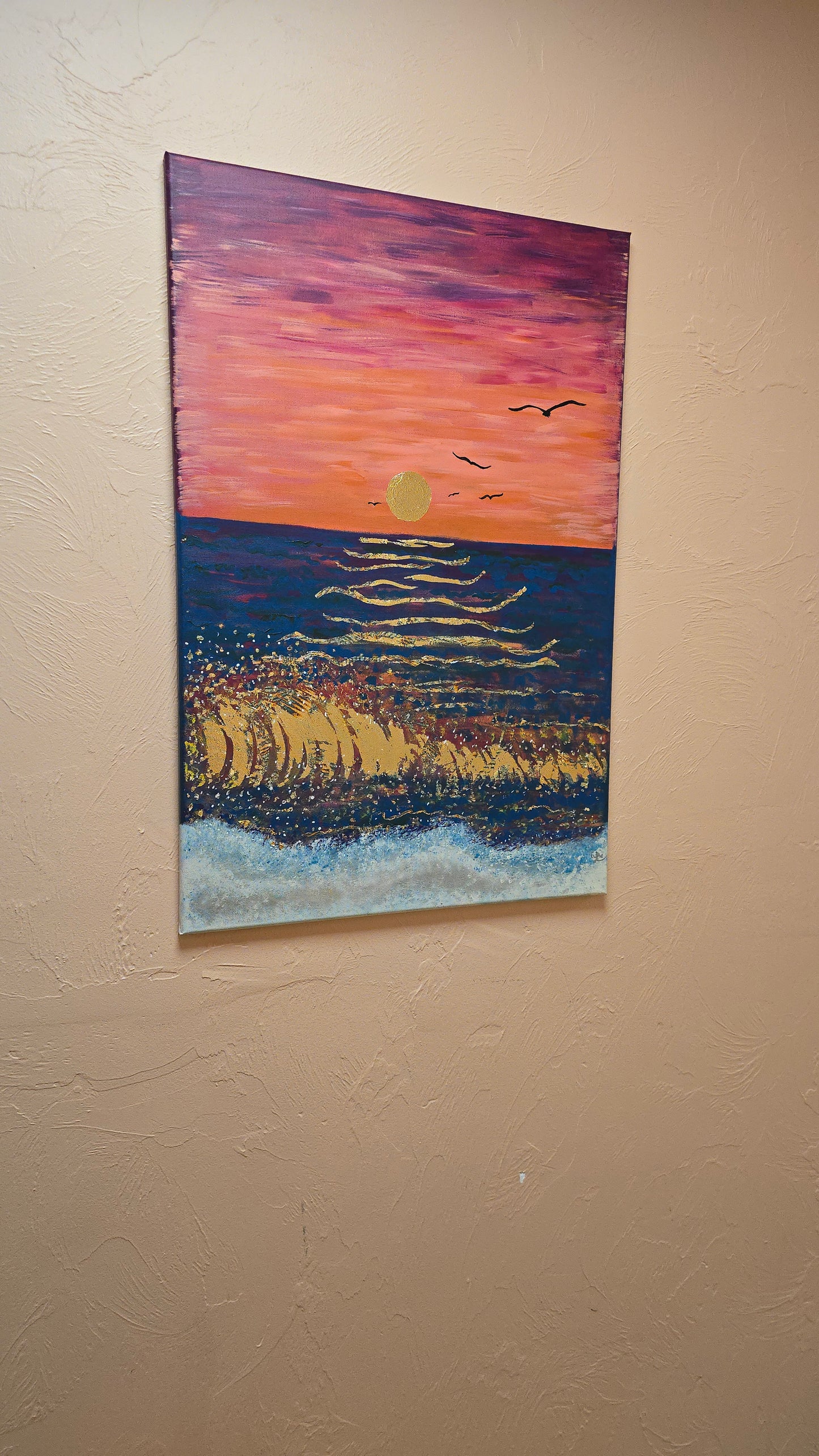 24x36 Acrylic Sunset Beach Gold Leaf Painting