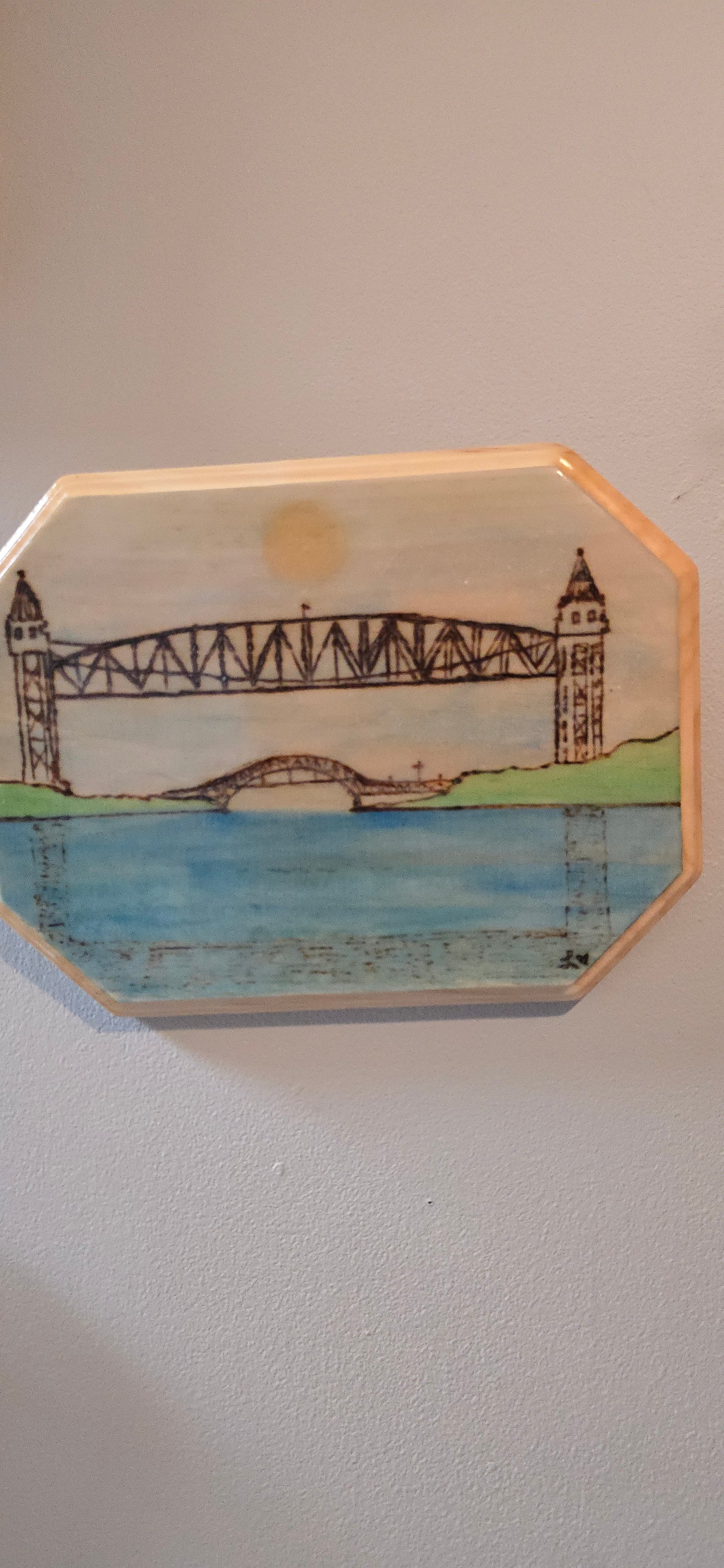 Cape Cod Canal Railroad Bridge – Original Wood-Burned & Watercolor Art