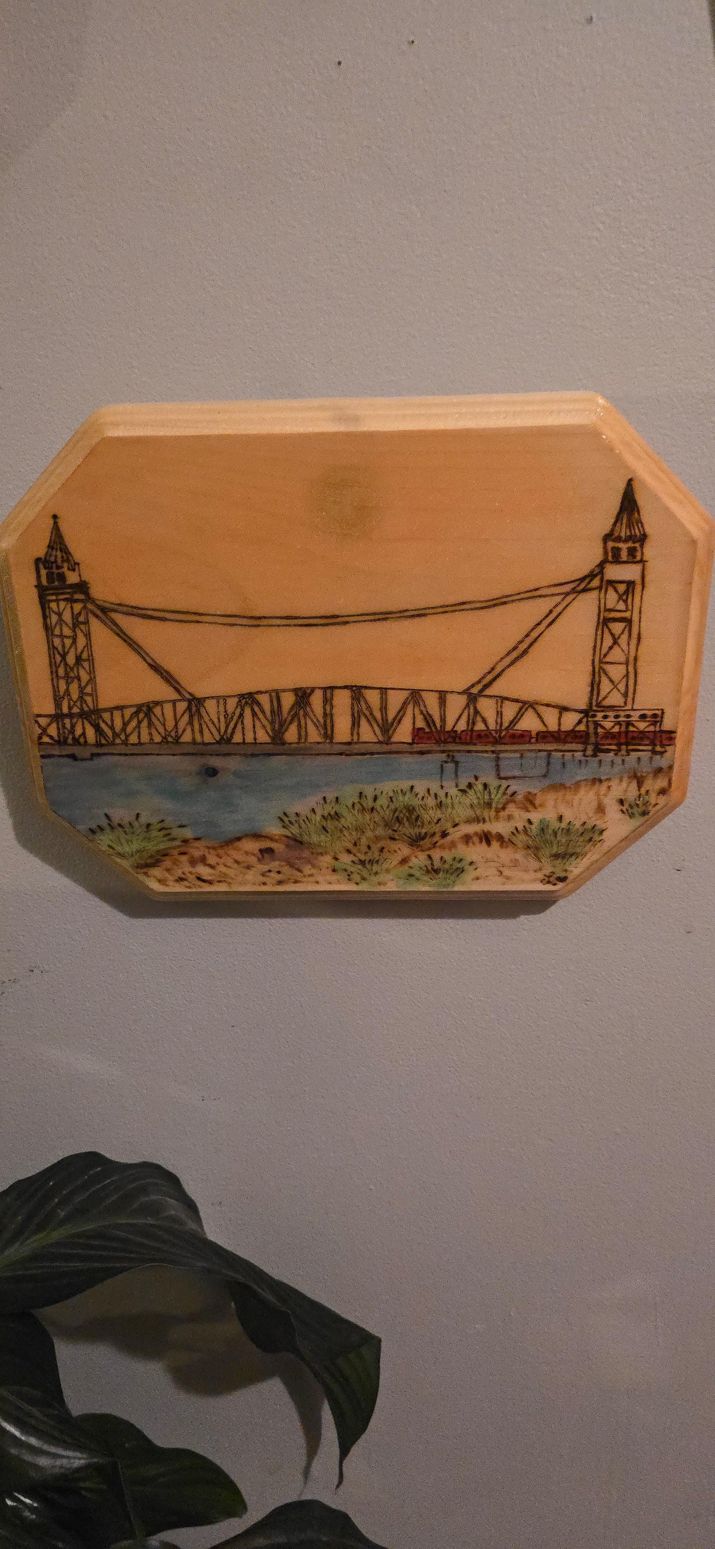 Cape Cod Canal Railroad Bridge – Original Wood-Burned & Watercolor Art