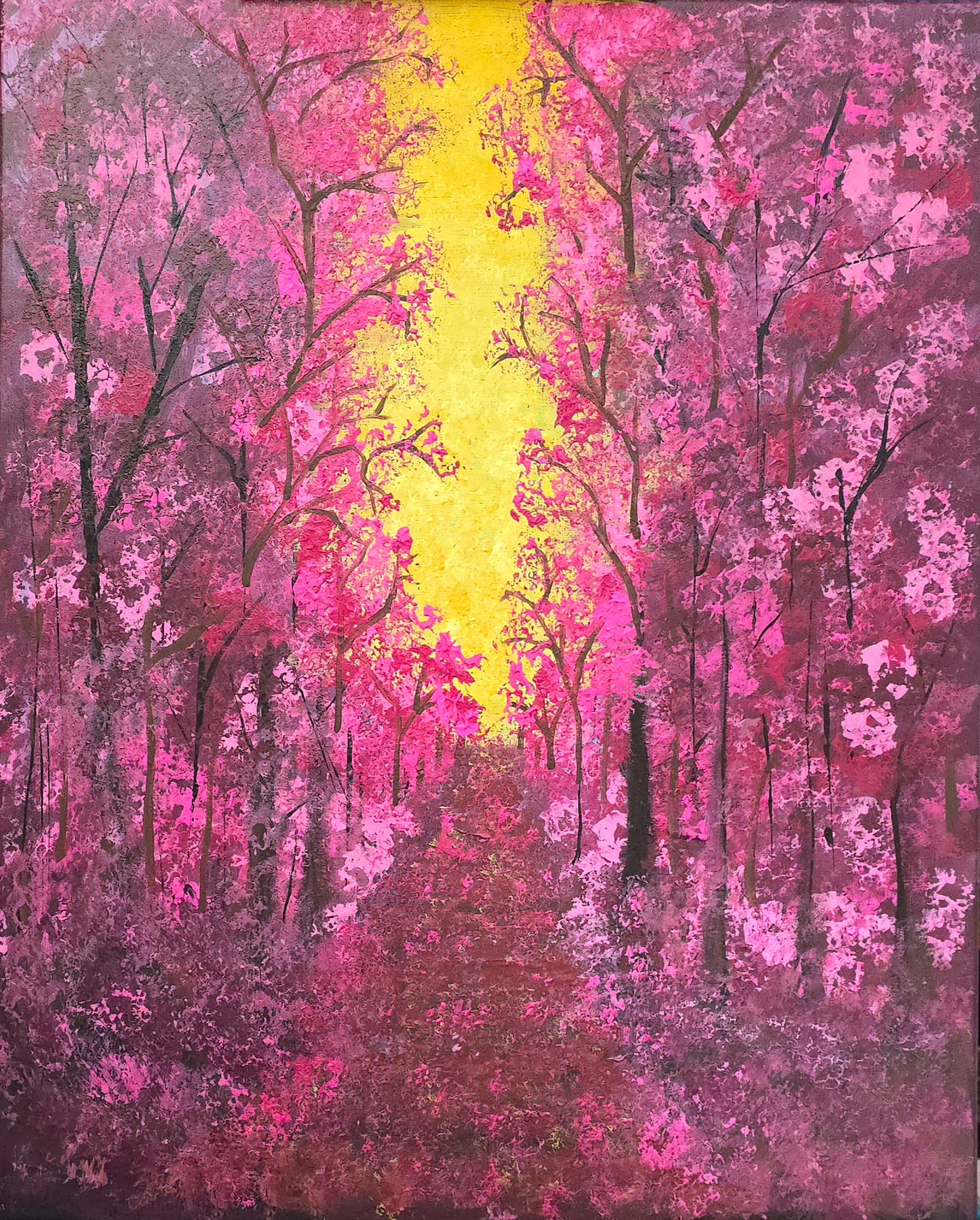 24x30 Original Acrylic Cherry Blossom Forest Painting – Cherry Blossom Glow