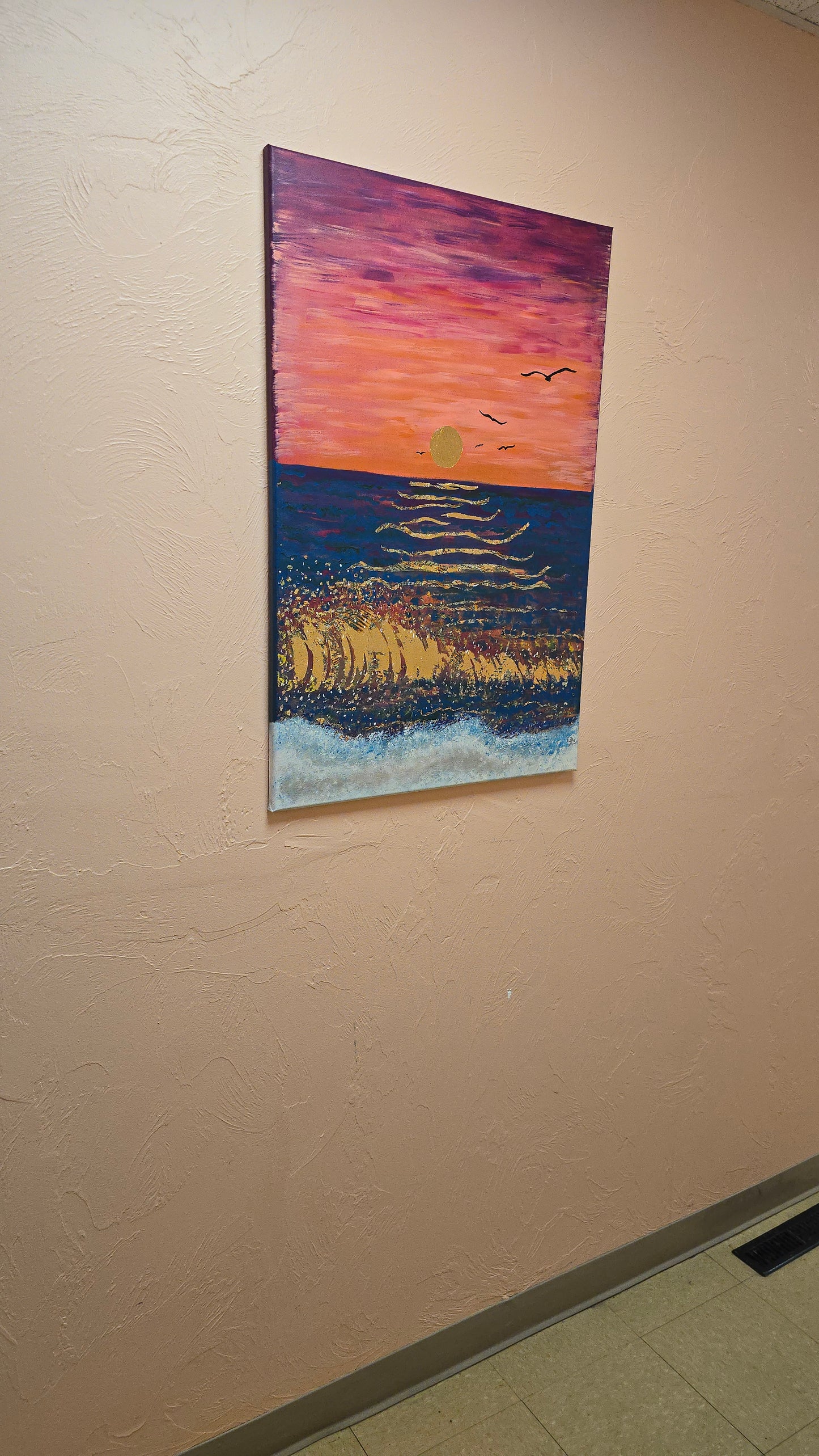 24x36 Acrylic Sunset Beach Gold Leaf Painting