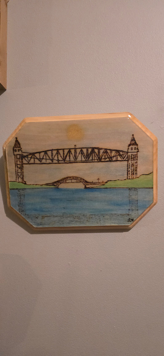 Cape Cod Canal Railroad Bridge – Original Wood-Burned & Watercolor Art