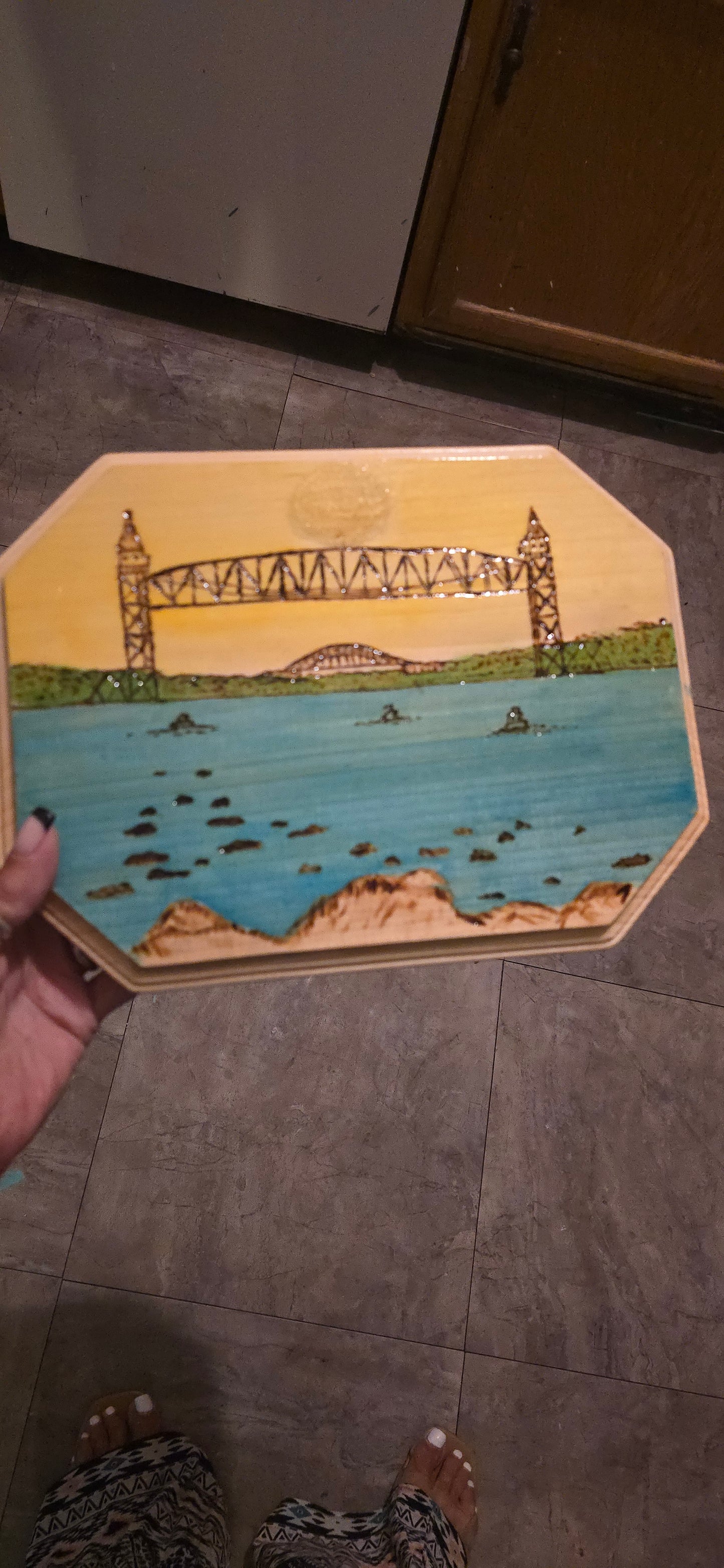 Cape Cod Canal Railroad Bridge – Original Wood-Burned & Watercolor Art