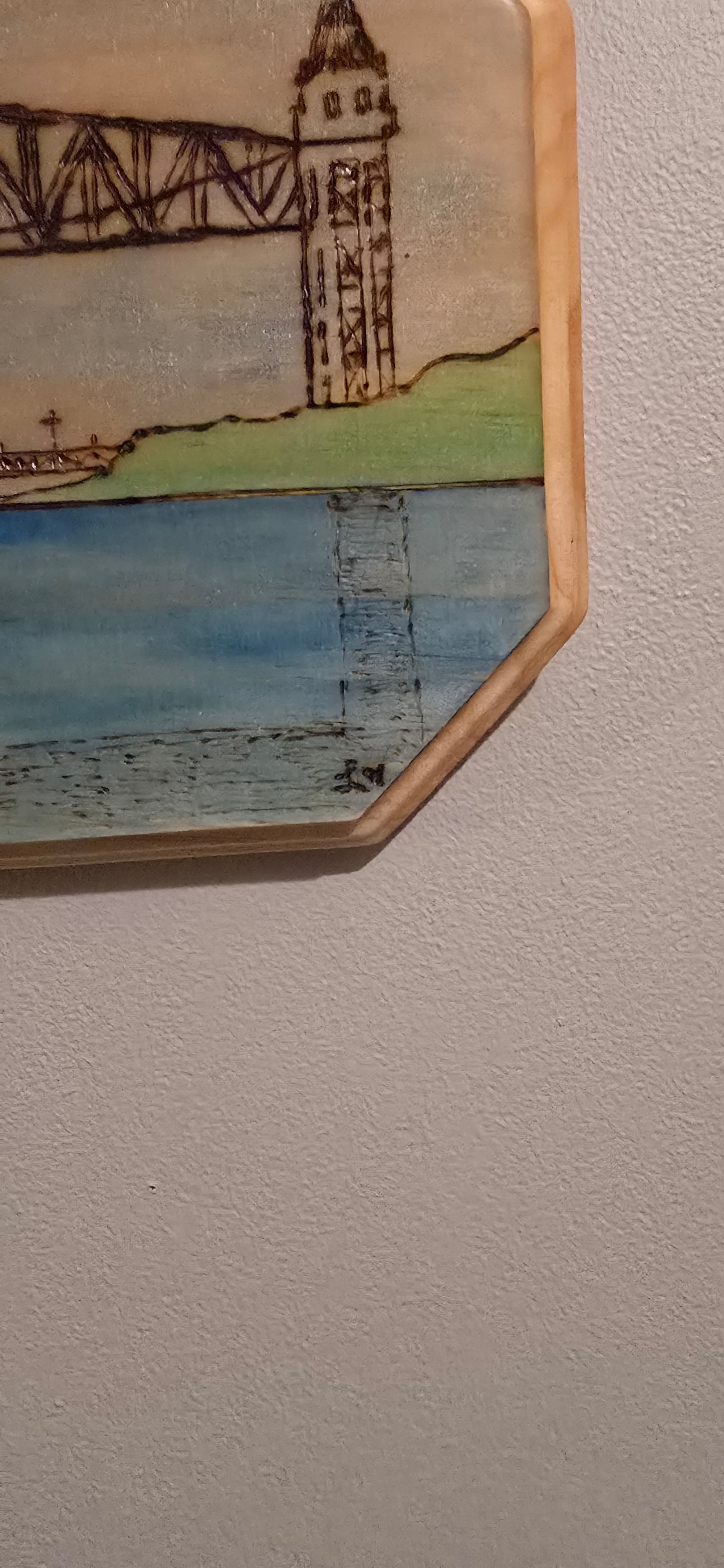 Cape Cod Canal Railroad Bridge – Original Wood-Burned & Watercolor Art