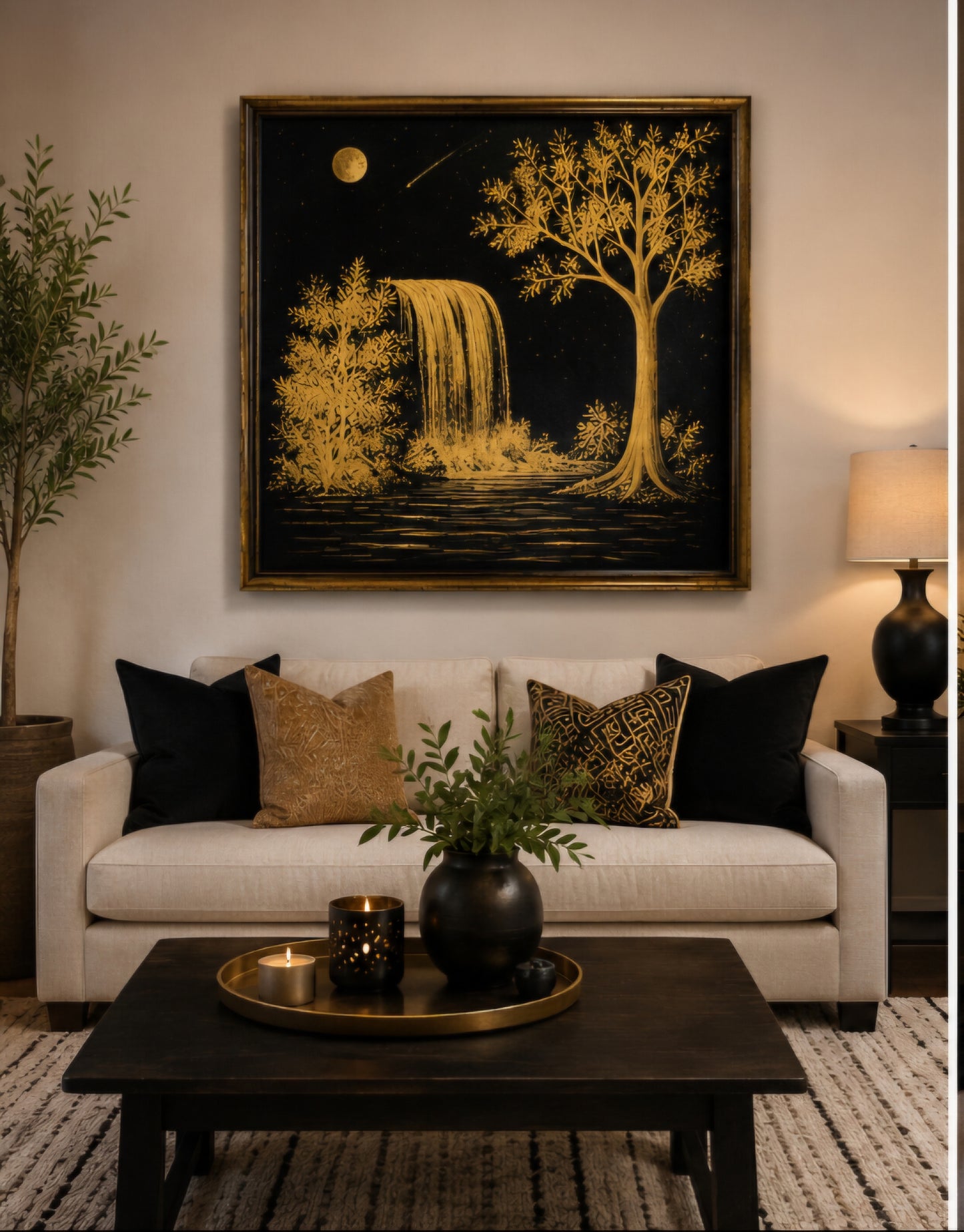 22x22 Black and Gold Original Acrylic Painting Golden Waterfall