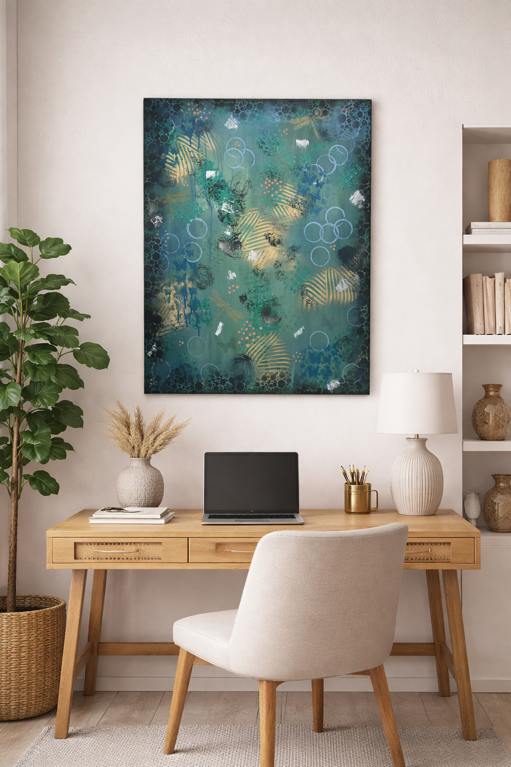 24x30 Original Mixed Media Abstract Painting – Emerald Echoes | Green Modern Wall Art