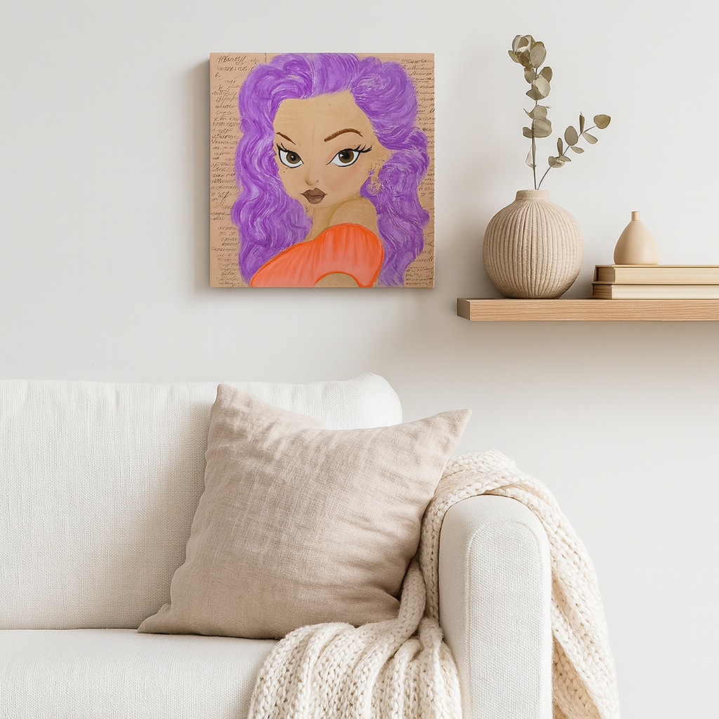 12x12 Wooden Canvas Mixed Media Collage Art/Purple Haired Bombshell
