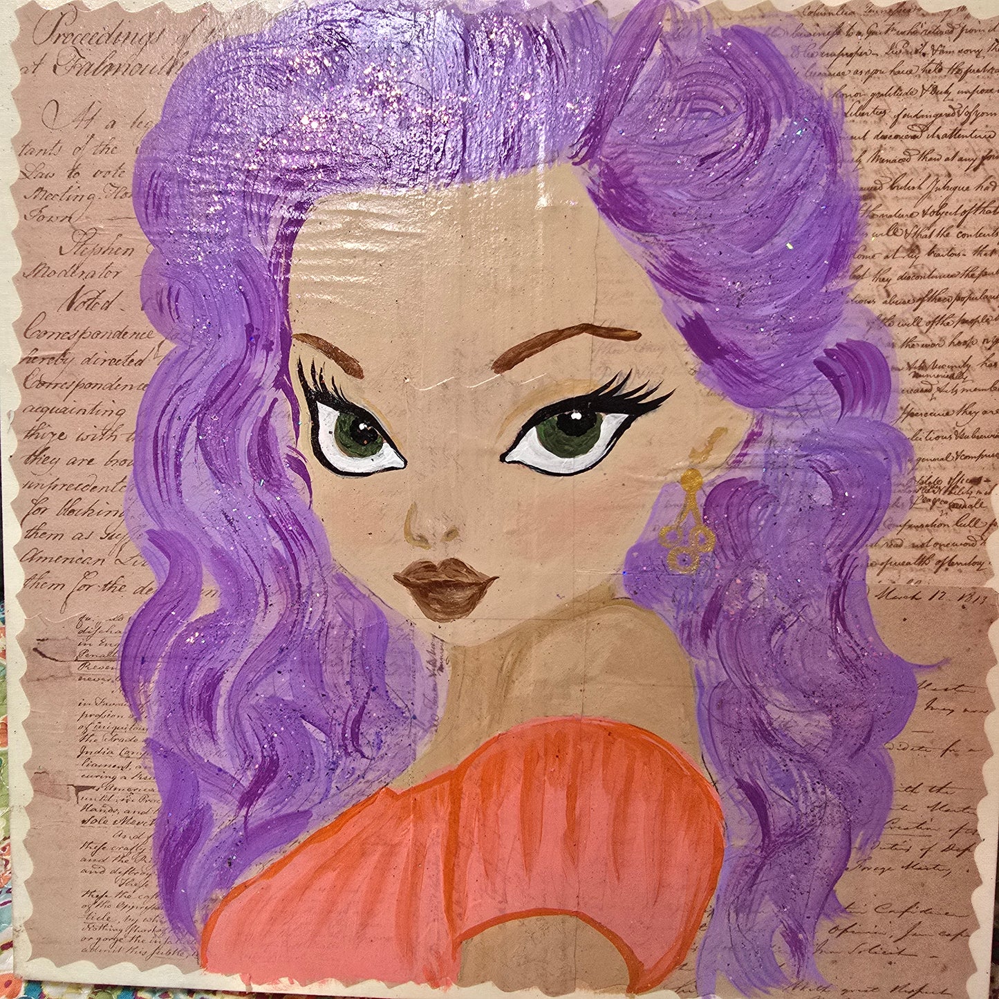 12x12 Wooden Canvas Mixed Media Collage Art/Purple Haired Bombshell