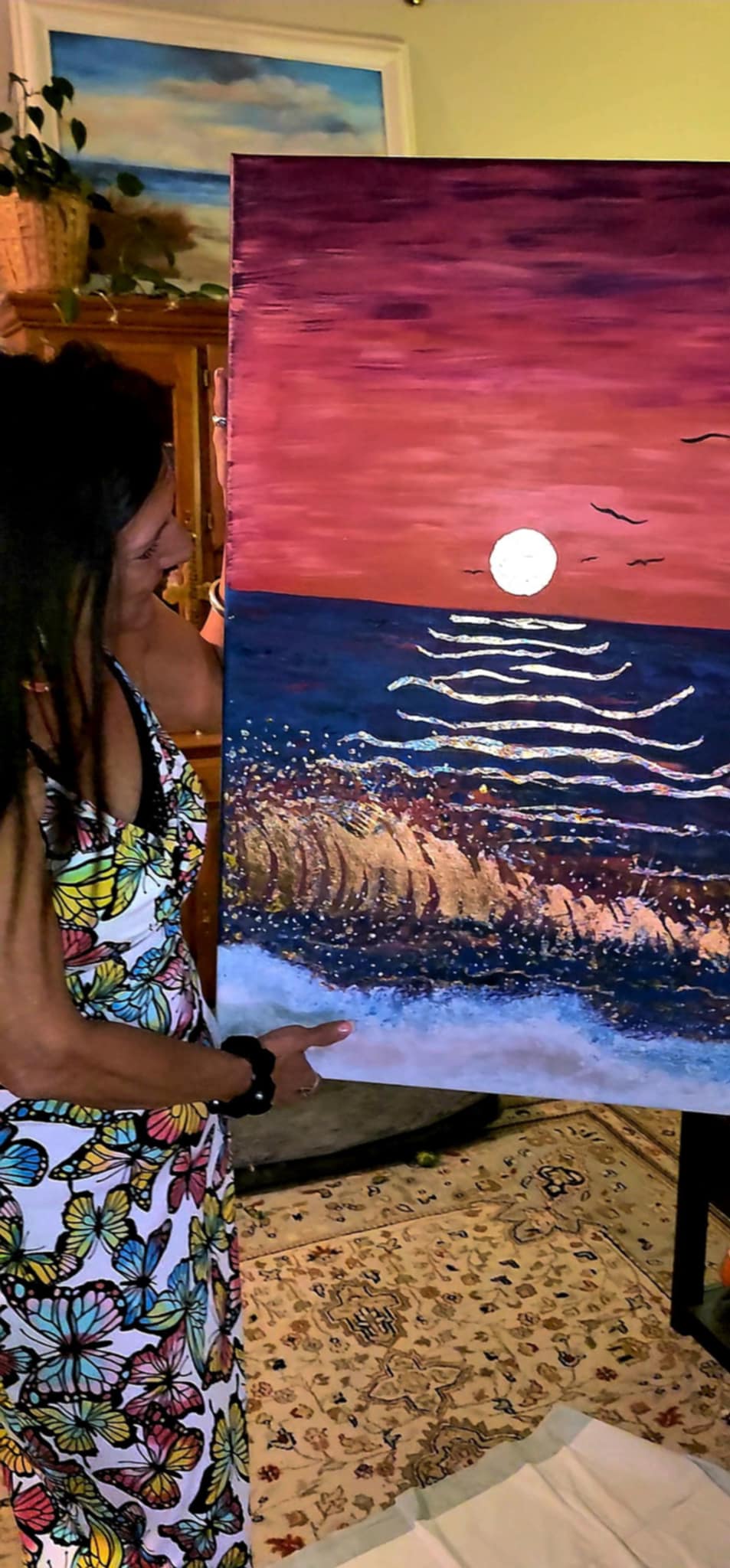 24x36 Acrylic Sunset Beach Gold Leaf Painting