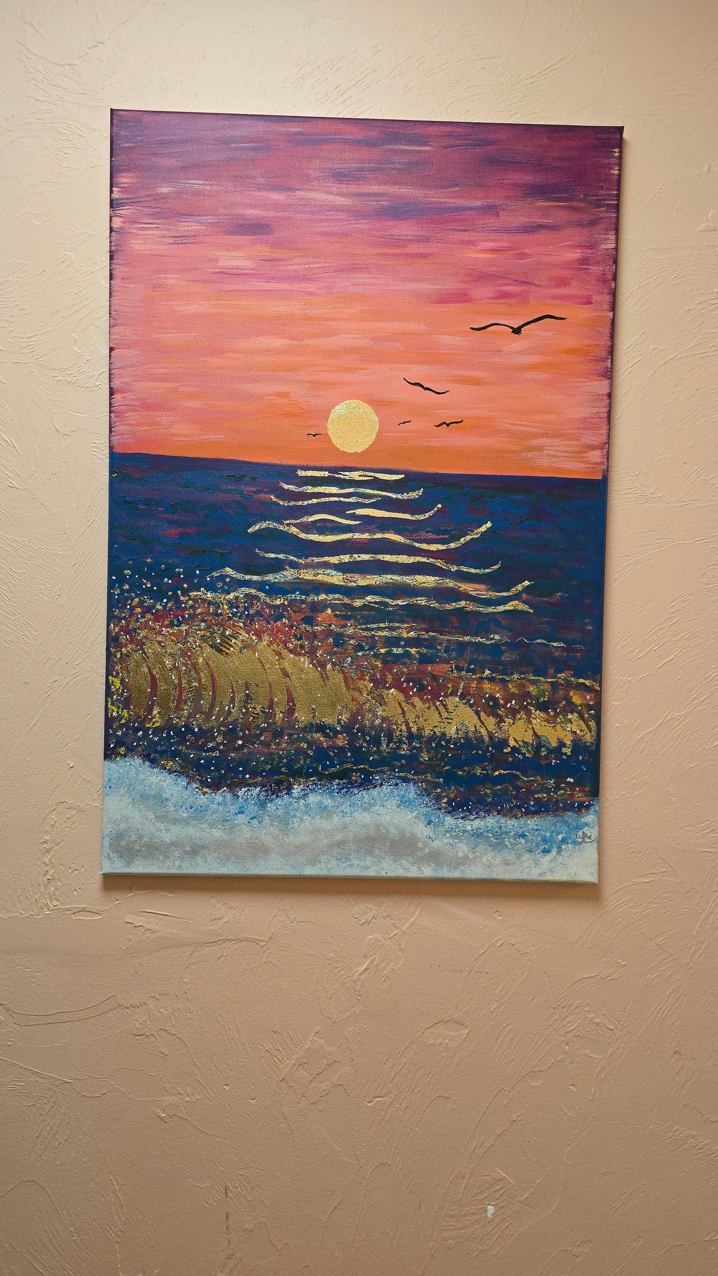 24x36 Acrylic Sunset Beach Gold Leaf Painting