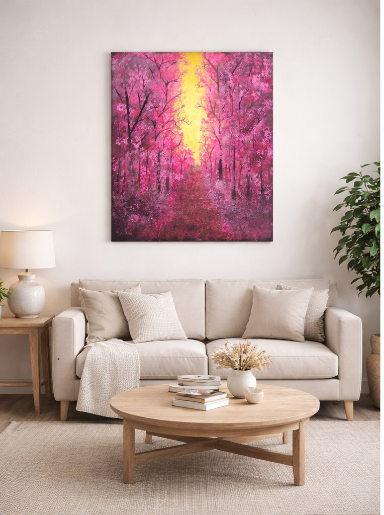 24x30 Original Acrylic Cherry Blossom Forest Painting – Cherry Blossom Glow
