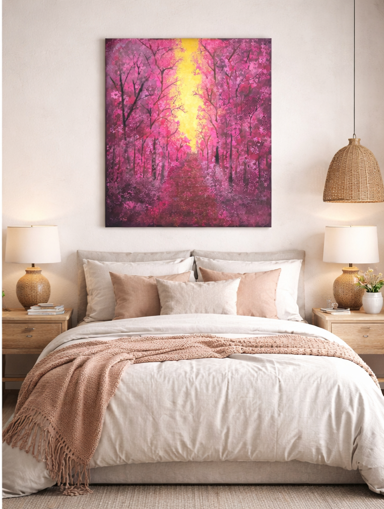 24x30 Original Acrylic Cherry Blossom Forest Painting – Cherry Blossom Glow