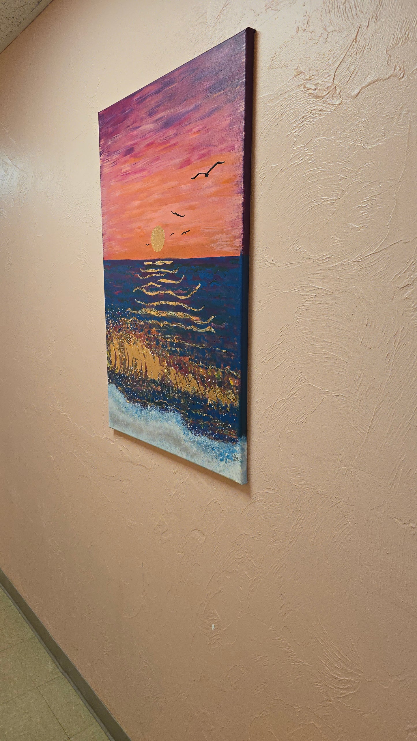 24x36 Acrylic Sunset Beach Gold Leaf Painting