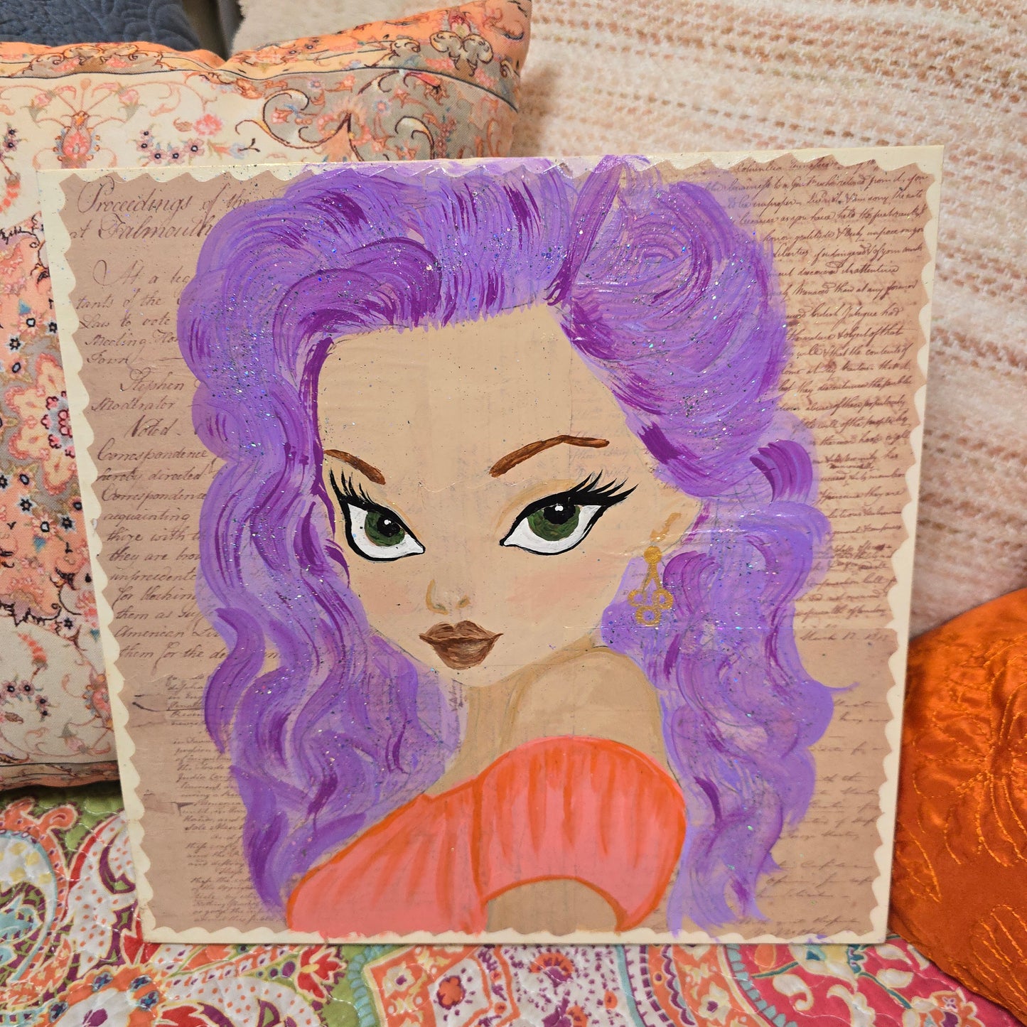12x12 Wooden Canvas Mixed Media Collage Art/Purple Haired Bombshell