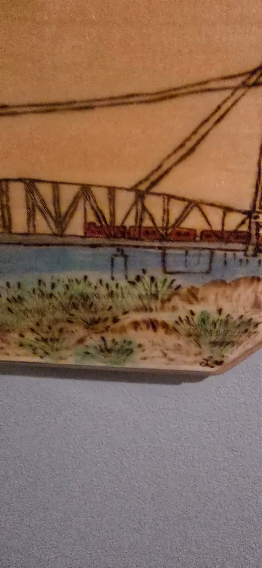 Cape Cod Canal Railroad Bridge – Original Wood-Burned & Watercolor Art